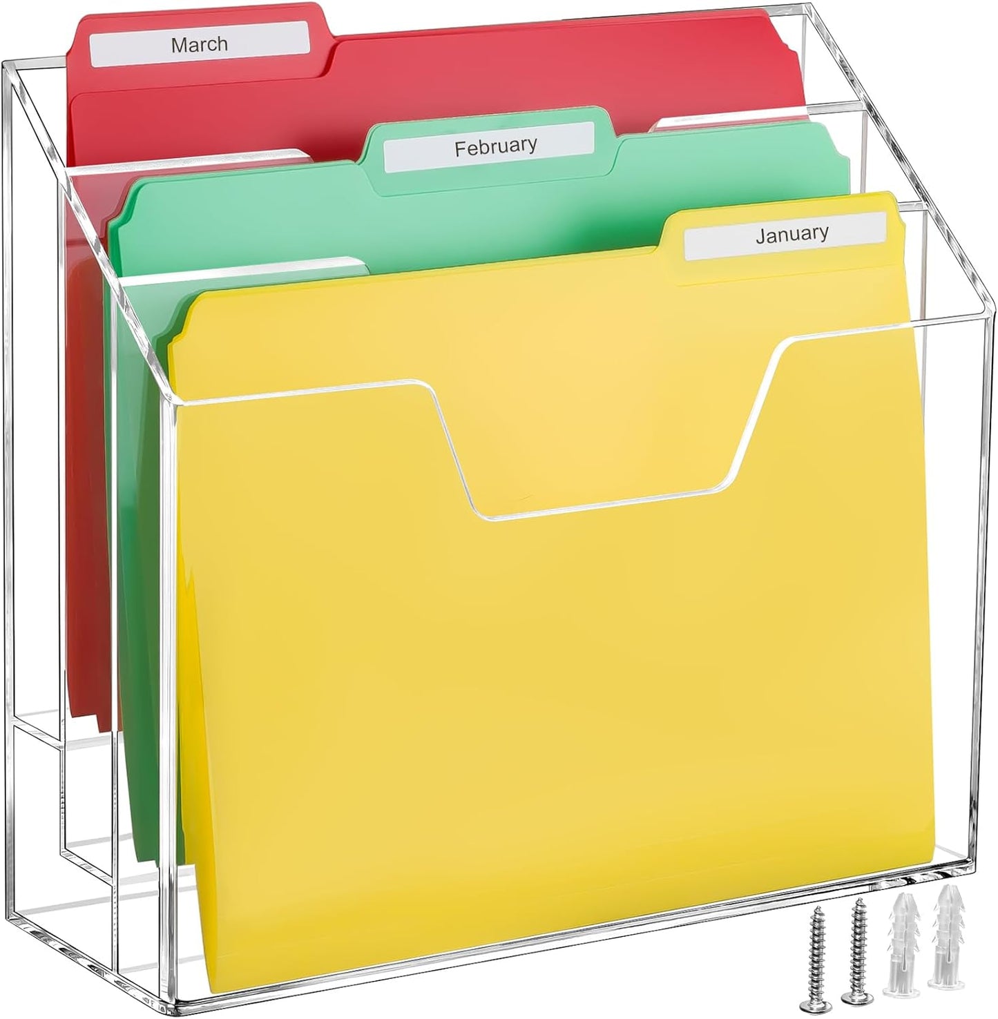 BEYGORM Acrylic File Folder Holder, 3 Tiers Clear Wall Hanging Magazine Rack, Desktop Large Vertical Tiered File Holder for Office and Home, Upright File Storage for Desk