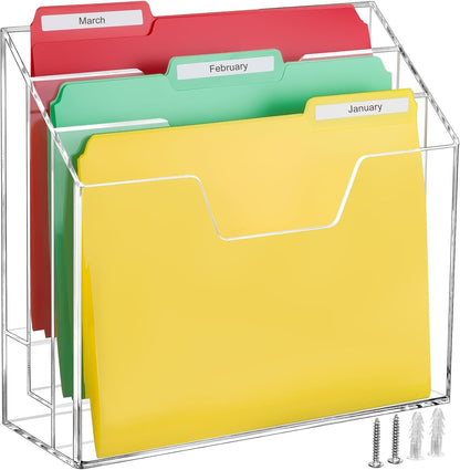 BEYGORM Acrylic File Folder Holder, 3 Tiers Clear Wall Hanging Magazine Rack, Desktop Large Vertical Tiered File Holder for Office and Home, Upright File Storage for Desk