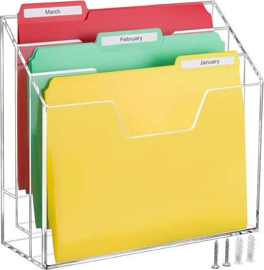 BEYGORM Acrylic File Folder Holder, 3 Tiers Clear Wall Hanging Magazine Rack, Desktop Large Vertical Tiered File Holder for Office and Home, Upright File Storage for Desk