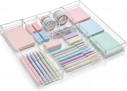 Briwooody 1 Pcs Acrylic Desk Drawer Organizer 9'' up to 16'' x 12'' x 2.2'' Expandable Drawer Organizer Trays with 10 Adjustable Compartments Clear Desk Accessories for Makeup Office Bathroom