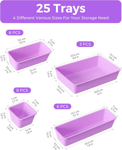 BiuLeon 25 PCS Plastic Drawer Organizers Set, 4-Sizes Vanity and Makeup Organizer, Desk and bathroom Drawer Organizer Trays, Organizers and Storage for Makeup, Jewelry, Gadgets, Utensils (Pink)
