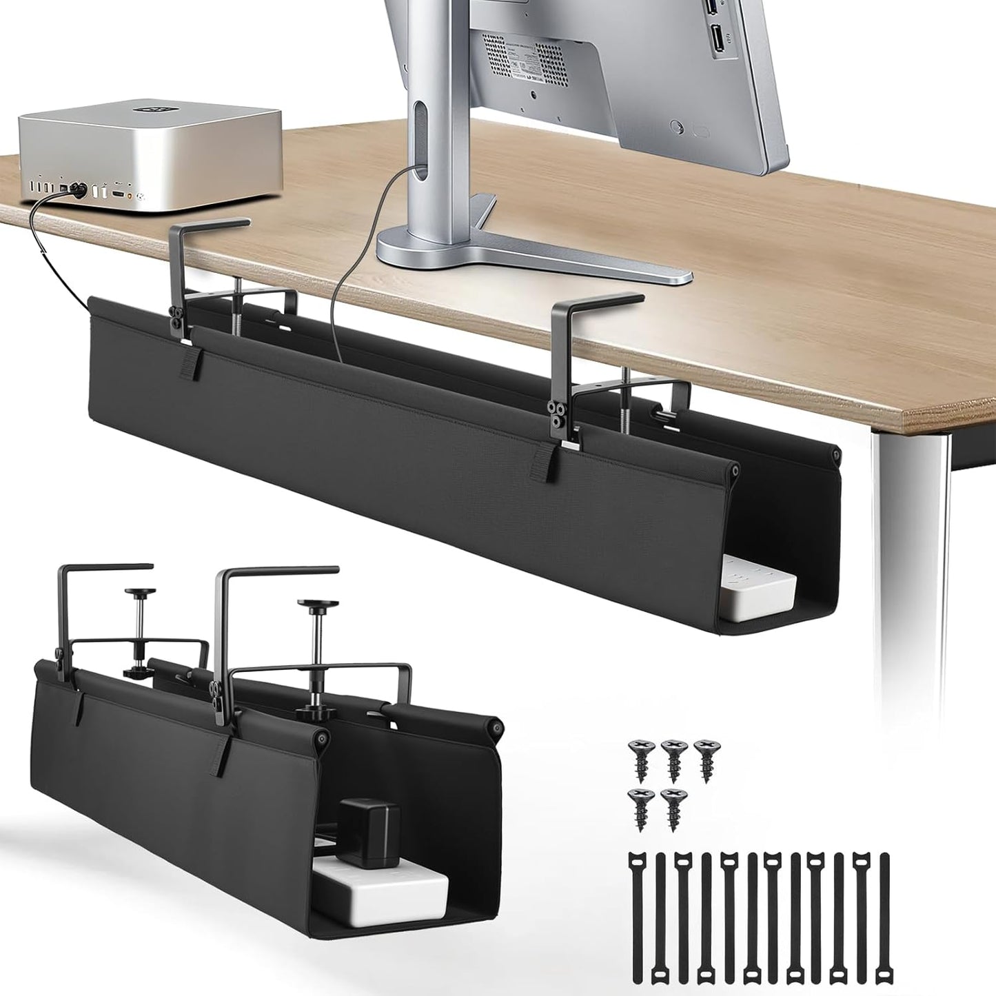 Oxford Cloth Under Desk Cable Management Tray,No-Drill 36" Desk Cable Management Organizer with Clip/Screw Installation,Fabric Cable Management for Home,Office & Gaming Computer(Black)