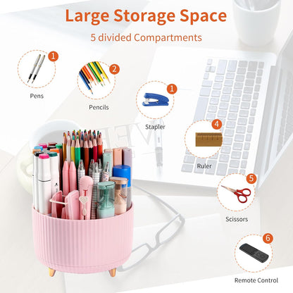 Desk Pencil Pen Holder, 5 Slots 360°Degree Rotating Pen Organizers for Desk, Desktop Storage Stationery Supplies Organizer, Cute Pencil Cup Pot for Office, School, Home, Art Supply, Dark Green
