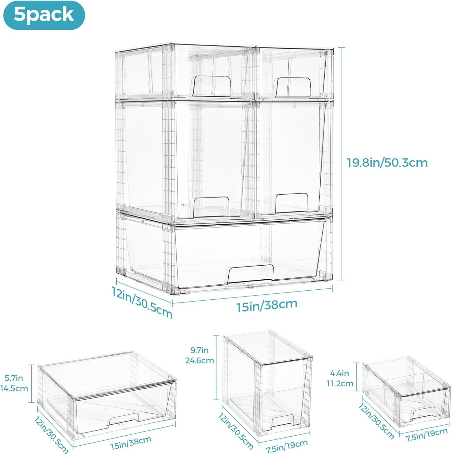 Vtopmart 4 Pack Clear Stackable Storage Drawers,Under Sink and Kitchen Organizers Storage,Easy to Assemble Plastic Drawers for Baby Bottle,Medicine, Bathroom,Cabinet and Pantry Organization