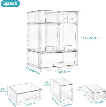 Vtopmart 4 Pack Clear Stackable Storage Drawers,Under Sink and Kitchen Organizers Storage,Easy to Assemble Plastic Drawers for Baby Bottle,Medicine, Bathroom,Cabinet and Pantry Organization