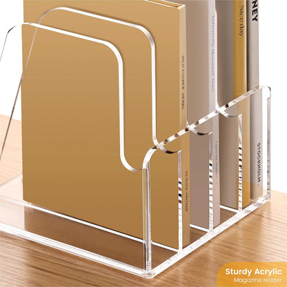 YUXUN Acrylic Magazine Holder,Clear Desk Organizer File Sorter for Notebook,Paper,Envelope,Magazine, Book Storage-Office/Home/Classroom Organization(4 Compartments,B5)