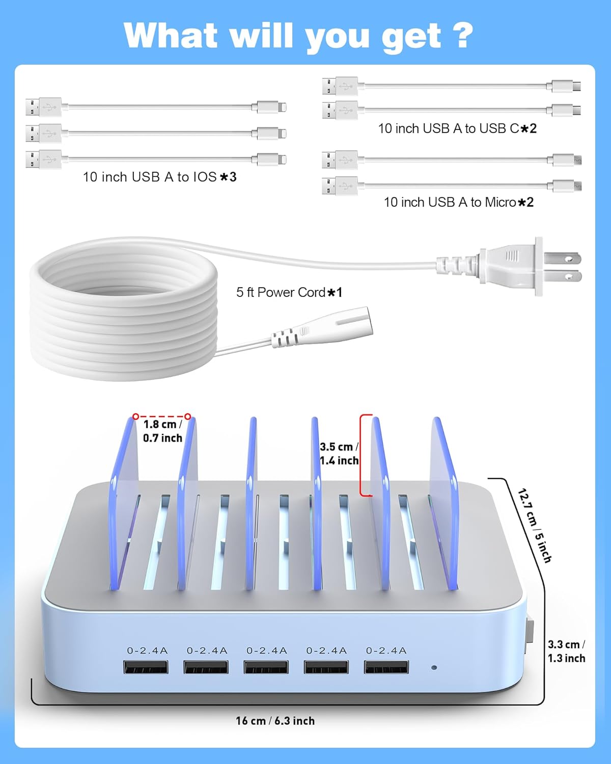 MSTJRY Charging Station for Multiple Devices : 5 Port Multi USB-A Charger Stations Multi-Device Organizer Charging Dock Designed for iPhone iPad Cell Phone Tablets (7 Short Cables Included)