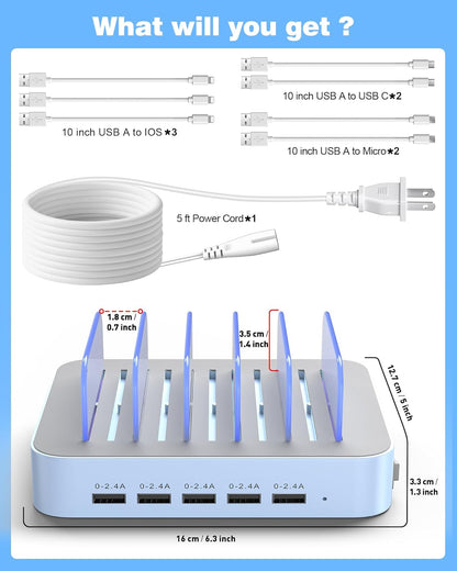 MSTJRY Charging Station for Multiple Devices : 5 Port Multi USB-A Charger Stations Multi-Device Organizer Charging Dock Designed for iPhone iPad Cell Phone Tablets (7 Short Cables Included)