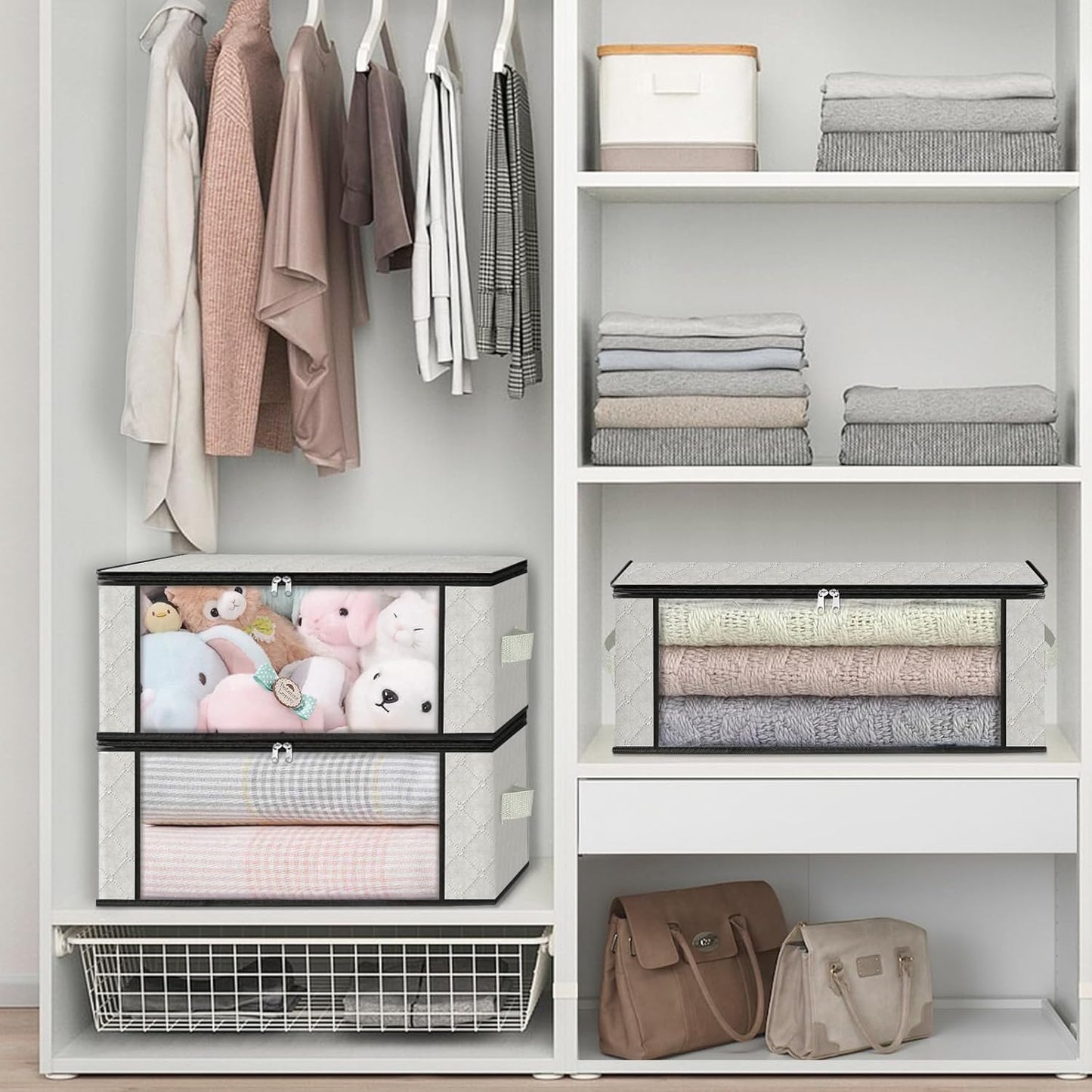 HomeHacks Storage 3-Pack Clothes Organizer Storage Bags Foldable Storage Box with Large Clear Window Sturdy Handles for Closet, Dorm, Pillows, Bedding, Clothes, Blankets, 35L, Gray