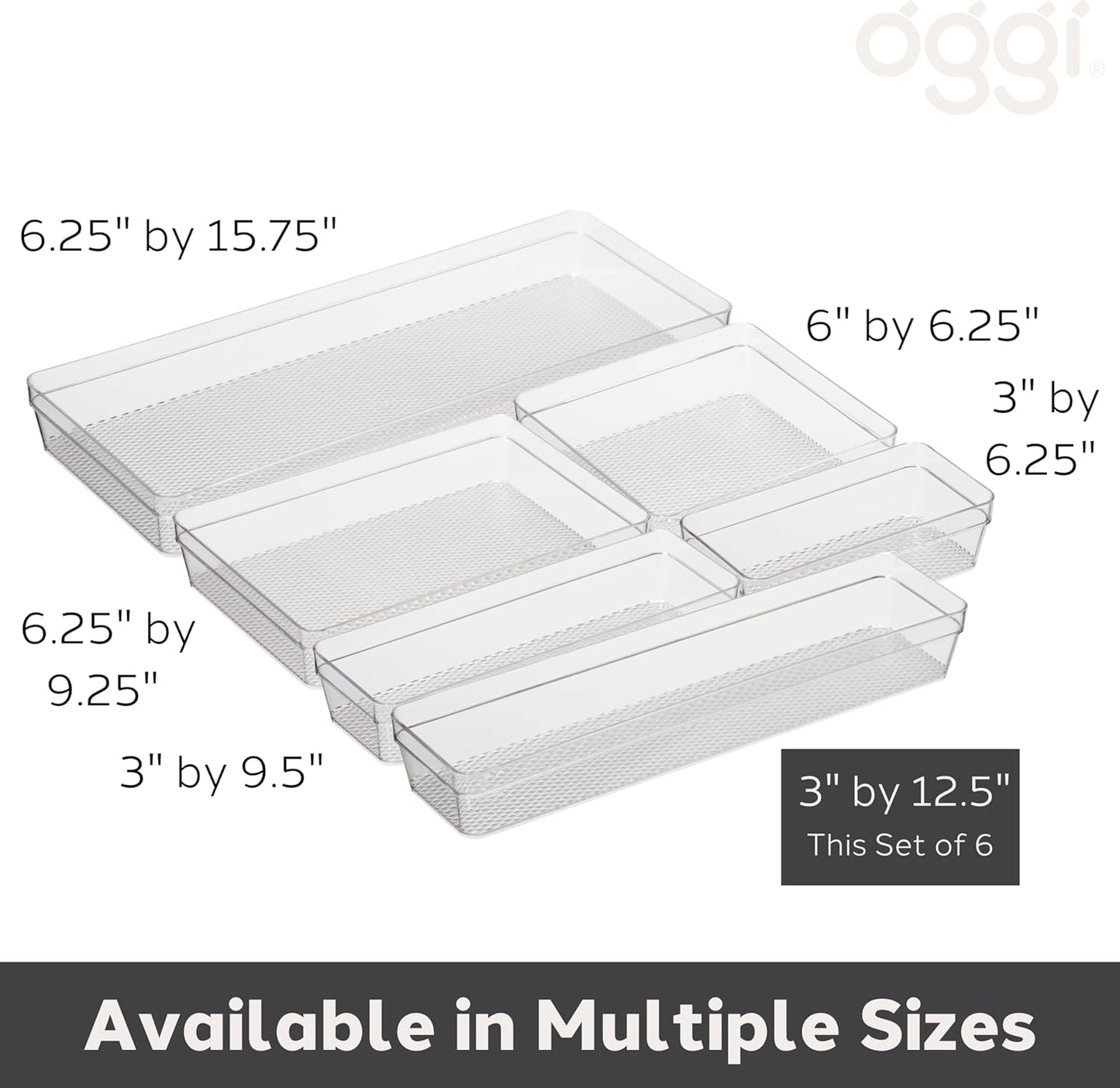 Oggi Clear Drawer Organizer - 3" X 9.5" (Set of 6) - Ideal for Organizing Kitchen Drawers, Office, Desk, Silverware, Kitchen Utensils, Cosmetics and Bathrooms