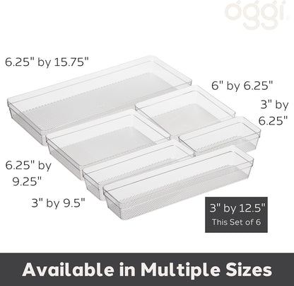 Oggi Clear Drawer Organizer - 3" X 9.5" (Set of 6) - Ideal for Organizing Kitchen Drawers, Office, Desk, Silverware, Kitchen Utensils, Cosmetics and Bathrooms