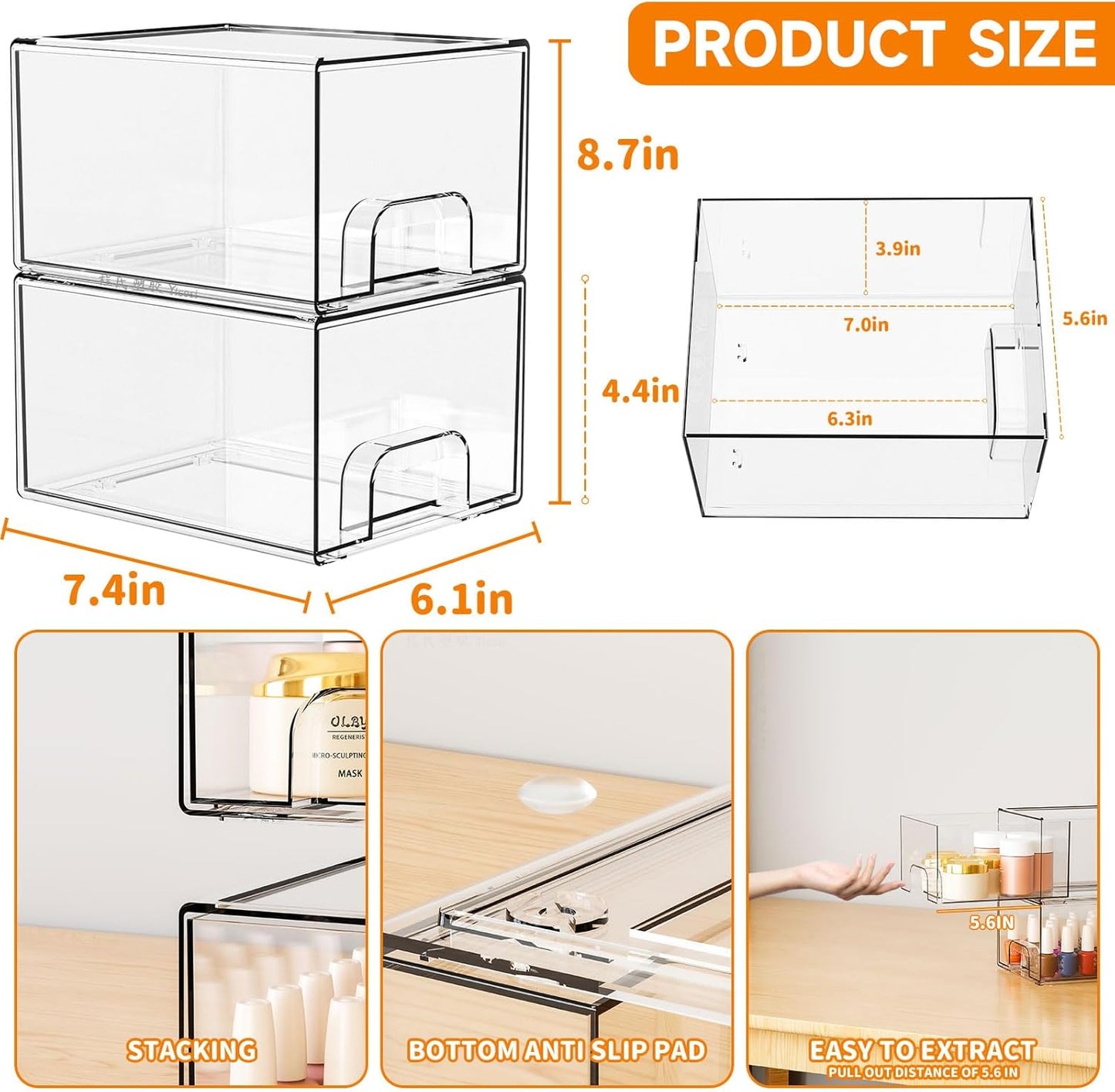 Yieach 4 Pack Clear Stackable Storage Drawers,4.4'' Tall Acrylic Drawer Containers for Organizing,Bathroom Organizers and Storage Bin Box,Plastic Makeup,Medicine Organizer Bins for Cabinet,Undersink