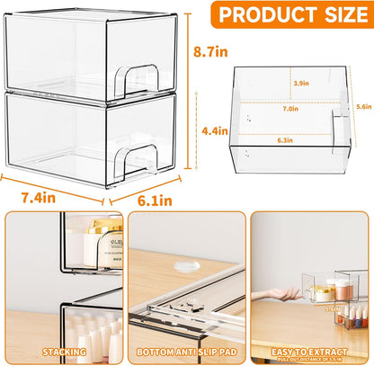 Yieach 4 Pack Clear Stackable Storage Drawers,4.4'' Tall Acrylic Drawer Containers for Organizing,Bathroom Organizers and Storage Bin Box,Plastic Makeup,Medicine Organizer Bins for Cabinet,Undersink