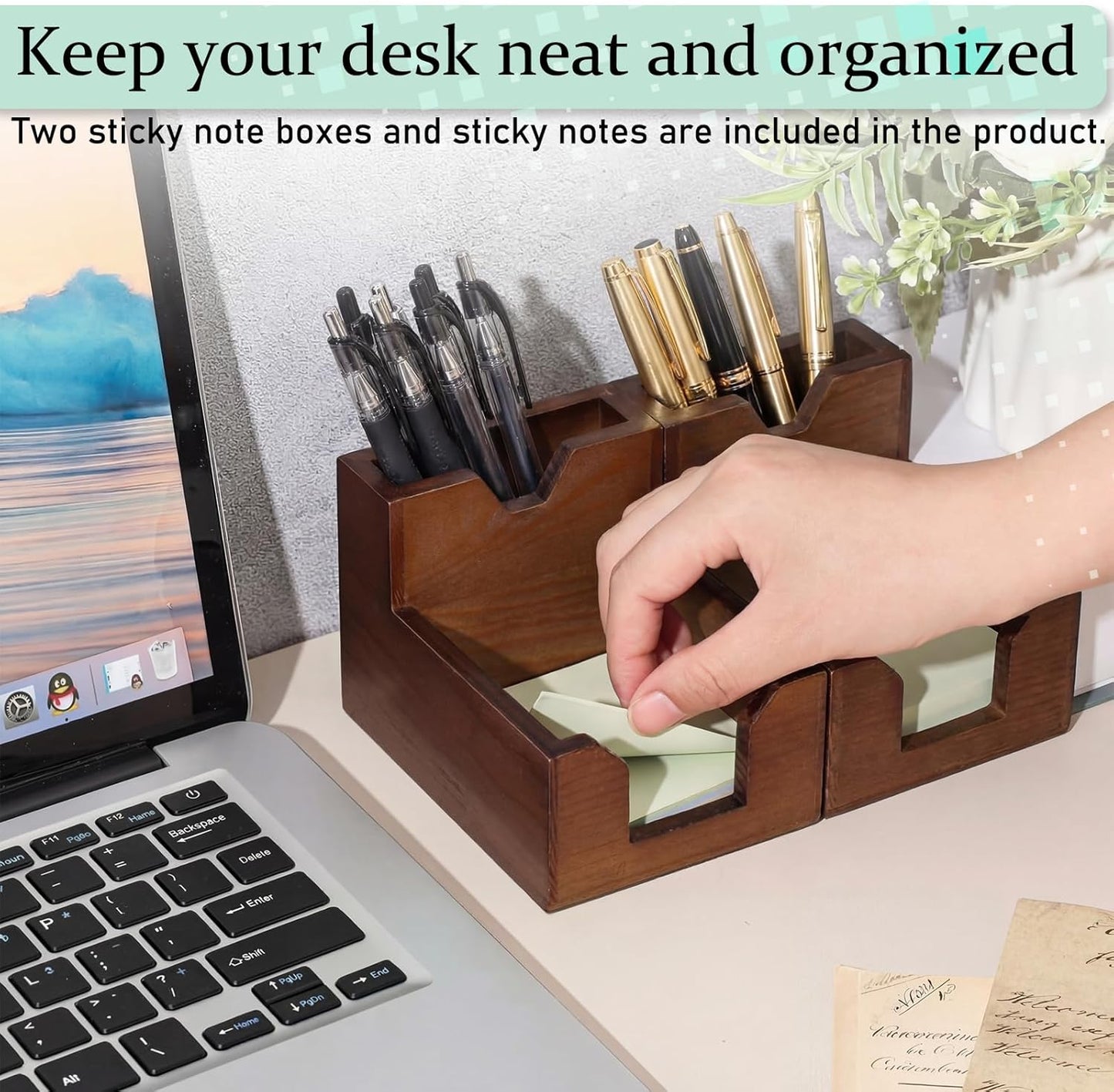 Crtiin 2 Sets Wood Sticky Note Holder, 2-in-1 Pen and Sticky Note Dispenser with 200 Sheets 3x3 Inches Sticky-Notes, Walnut Color Pen Holder for Office Home School Dorm Room Desk Organizer