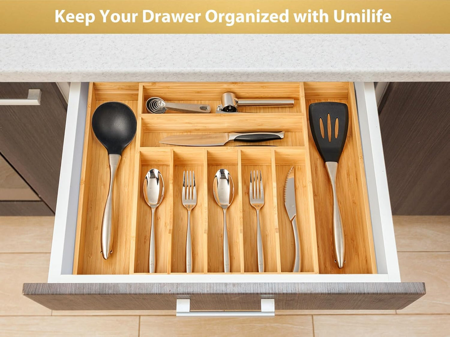 Umilife Expandable Kitchen Drawer Organizer, 2.5" High Bamboo Utensils Silverware Tray, Adjustable Large Deep Wood Organization Holder