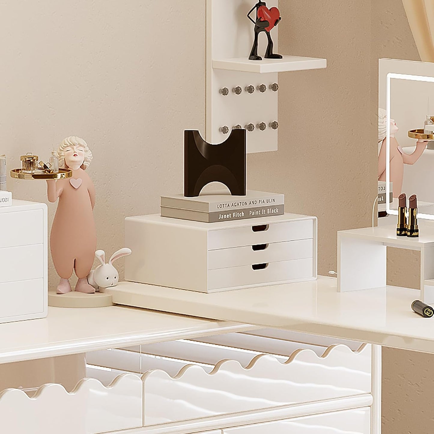 LitaEther Desk Organizer with 3 Drawers, ALEX Drawer Unit, Chic White Wood Cosmetic Makeup Organizer for Office Vanity Tabletop Storage 13.8"X 6"X10.2"