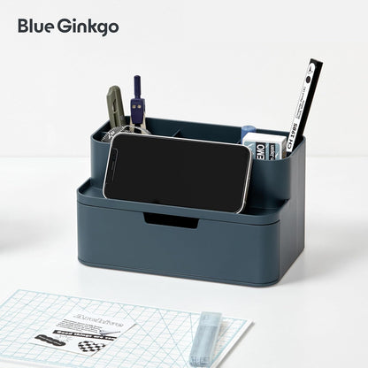 BLUE GINKGO Compact Desk Organizer – Small 5-Compartment, Half Drawer Storage – Pen Holder, Stationery Organizer for Desktop, Vanity, Shelf (Made in Korea, Green)