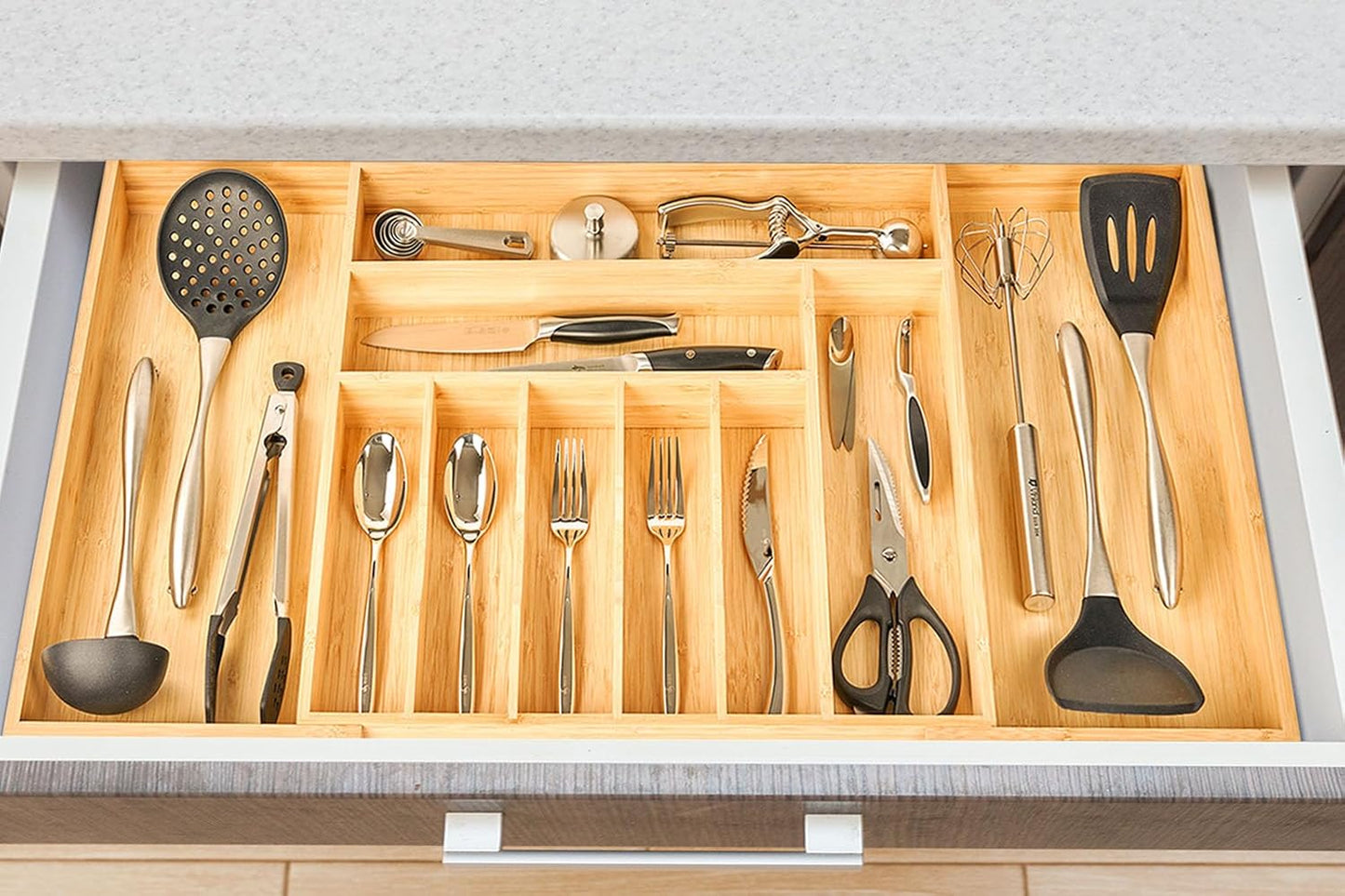 Umilife Bamboo Kitchen Drawer Organizer, 13 Inch Silverware Utensil Tray Holder, Extra Deep Grooved Drawer Divider, 7 Slots Total Bamboo Wood Caddy for Flatware Cutlery Knives, Forks, Spoons