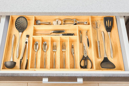 Umilife Bamboo Kitchen Drawer Organizer, 13 Inch Silverware Utensil Tray Holder, Extra Deep Grooved Drawer Divider, 7 Slots Total Bamboo Wood Caddy for Flatware Cutlery Knives, Forks, Spoons