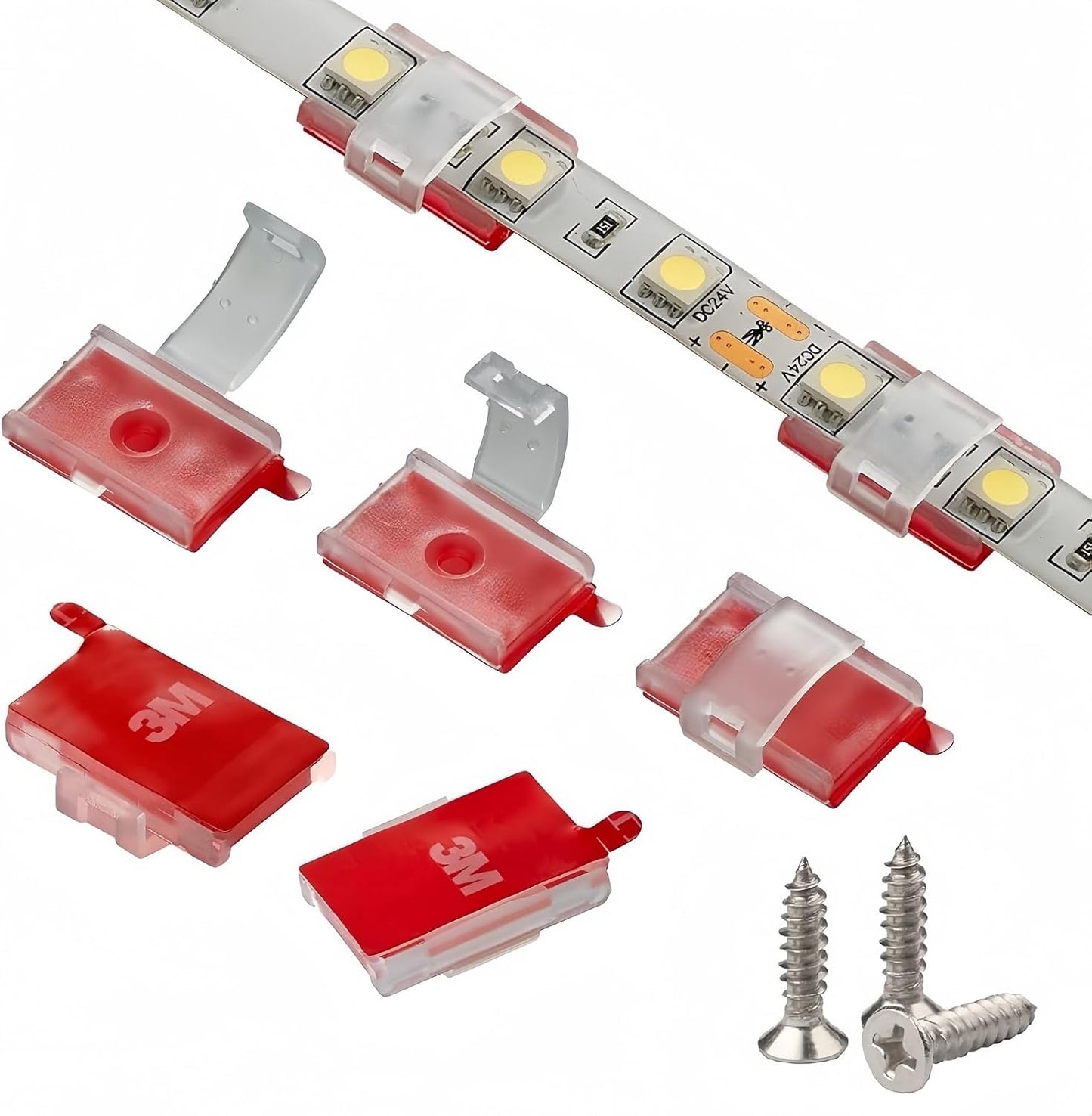 Threetwofour 100 Pack Double Installation LED Strip Light Mounting Bracket Self Adhesive LED Clips Only use for Width 8-10mm/0.31-0.39in Height<2.8mm/0.11in Indoor LED Strip Light with 102PCS Screws