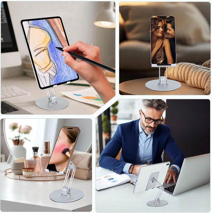 Adjustable Aluminum Phone Stand for Desk, No Wobble Heavy Base, Height Adjustable iPhone & iPad Stand, 360° Rotating Foldable Phone Holder for Desk Office Home (4–11”)