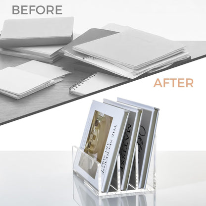 3 Compartments Clear Acrylic Mail Holder – Vertical Letter Sorter & Multifunction Desk Organizer for Bills, Documents, Notebooks – Modern Office/Home Envelope File Rack