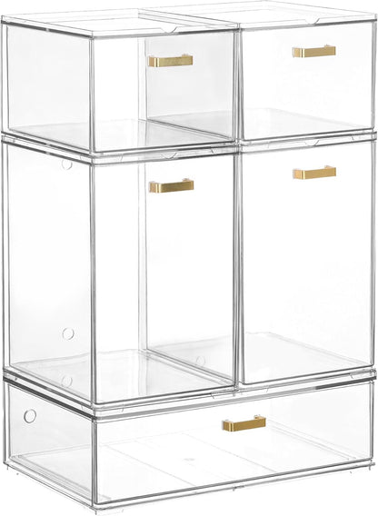 LALOBLUE Set of 5 Stackable Storage Drawers, Clear Acrylic Organizer Bins for Beauty Supplies, Perfect for Makeup Vanity, Undersink, Kitchen, Cabinet,Pantry Organization and Storage