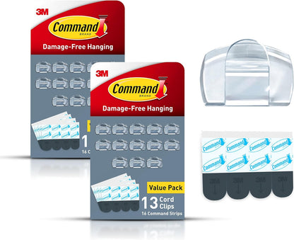 Command Round Cord Clips, Damage-Free Hanging Cable Clips, No Tools Wall Clips for Hanging Electrical Cables of Christmas Decorations, 13 Clear Cord Clips and 16 Command Strips