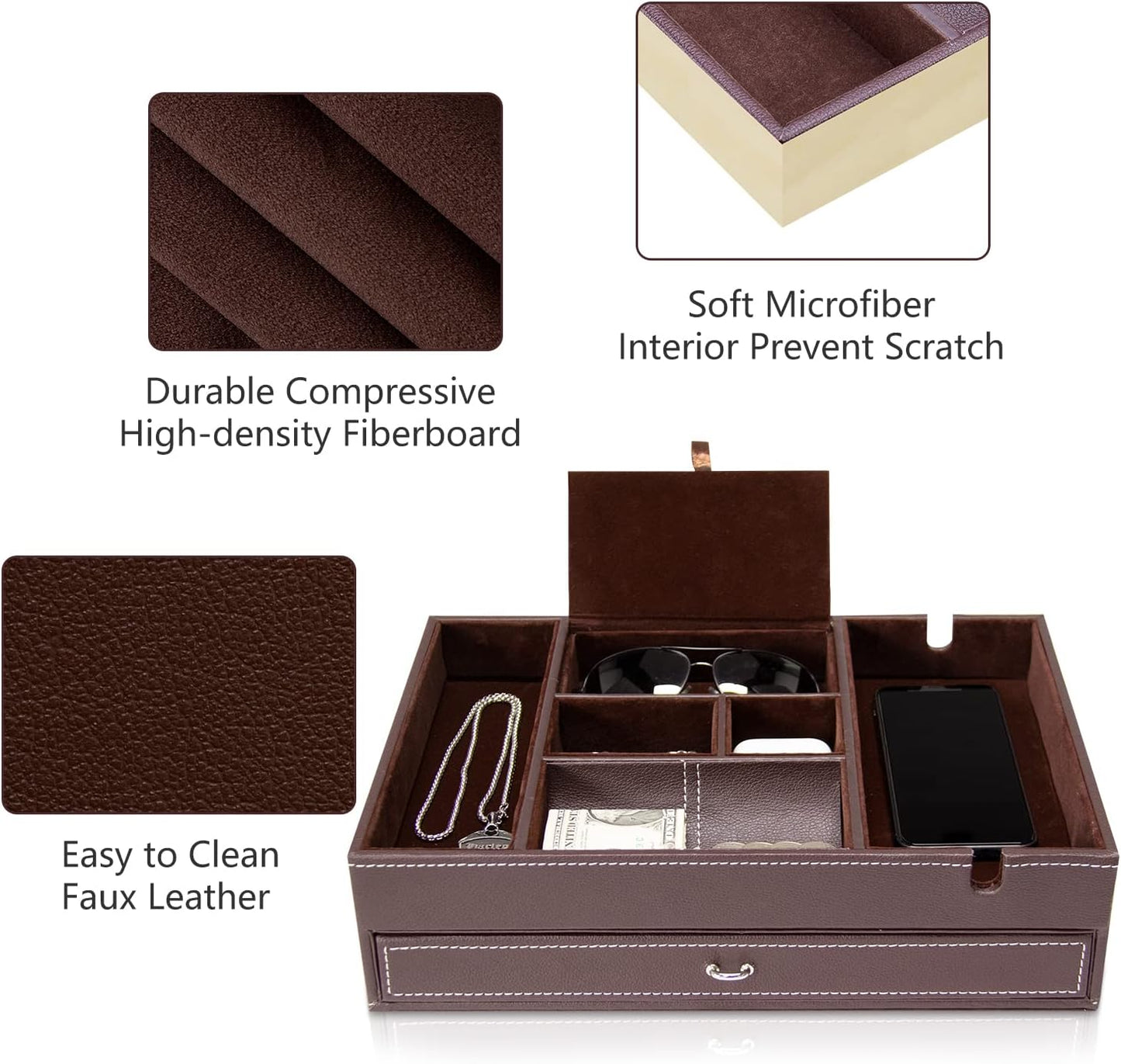 Baoyun Valet Tray for Men, 2 Layers Nightstand Organizers for Men and Women, Leather Jewelry Storage Box, Mens Dresser Top Organizer, Catch All for Jewelry Key Wallet and Phone (Brown)