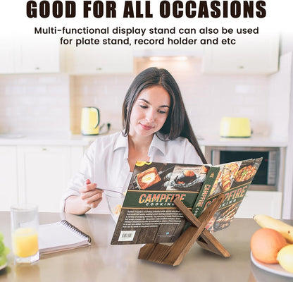 Cookbook Stand for Kitchen, Wooden Cookbook Holder, Recipe Book Holder for Kitchen Counter, Rustic Cook Book Holder Stand - Brown