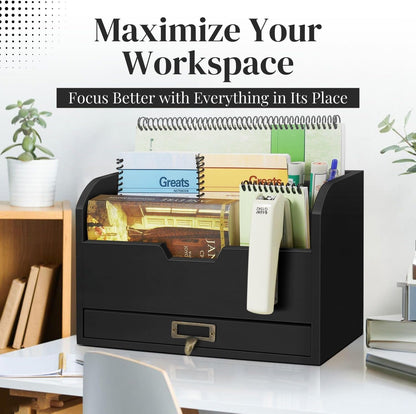 Flexzion 3 Tier Wooden Desk Organizer - Country Rustic Compartments Slot File Tray Pencil Sorter Shelf Holder Supplies Rack Accessories Set with Storage Drawer for Desktop Tabletop Office Home Brown