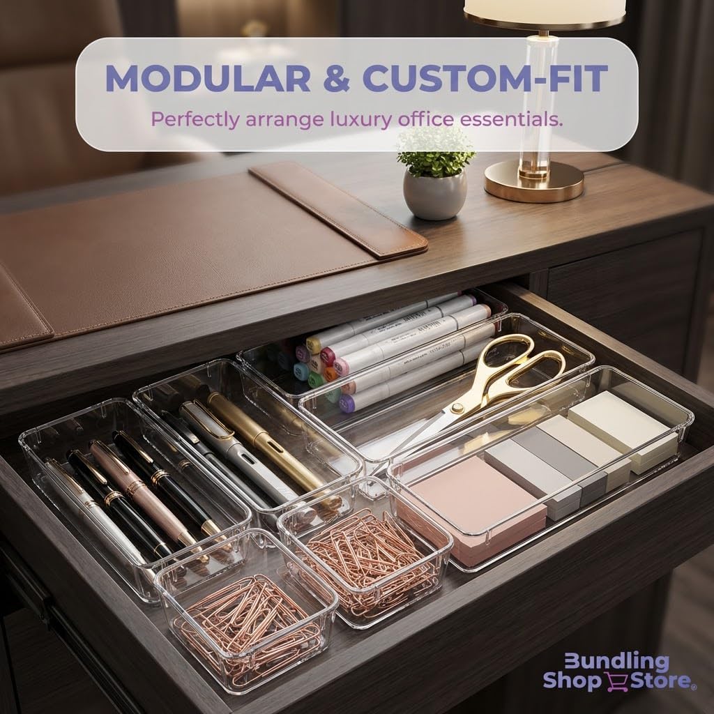 Acrylic Drawer Organizers - 18 Piece Modular Set with Premium Ultra-Strong Stay-Put Technology - Custom-Fit Makeup & Vanity Organizer Bins for Bathroom, Office & Craft, Kitchen