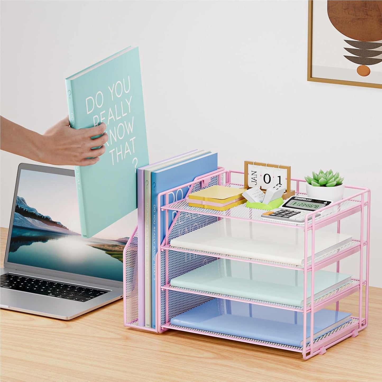 Marbrasse Desk Organizer and Accessories，4-Tier Paper Letter Tray Organizer with File Holder，Desk Accessories & Workspace Desktop Organizers for School Home Office Supplies (Blue)
