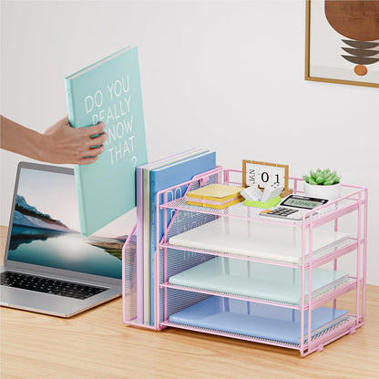 Marbrasse Desk Organizer and Accessories，4-Tier Paper Letter Tray Organizer with File Holder，Desk Accessories & Workspace Desktop Organizers for School Home Office Supplies (Blue)