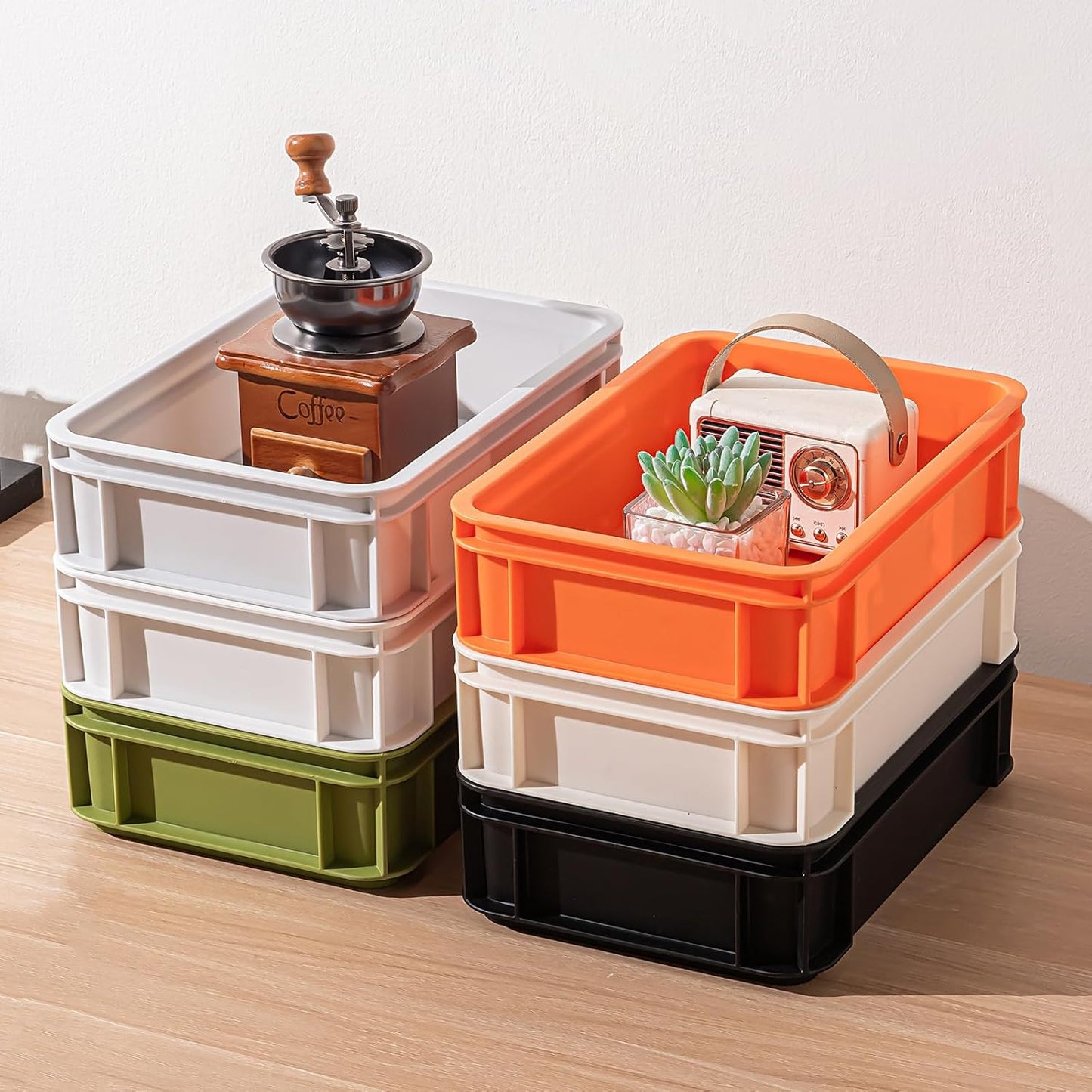 Stackable Organizer Boxes - Create Your Perfect Modular Desktop Storage System Office Desk Organizer Set15.8''*11''*3.26'' (Beige, 6Large)