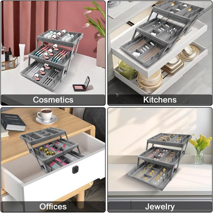 3 Tier Drawer Organizer Collapsible, Multi Level Drawer Organizer, Junk Drawer Organizer for Office, Makeup, Jewelry, Vanity, Kitchen(1 Row 3 Tier)