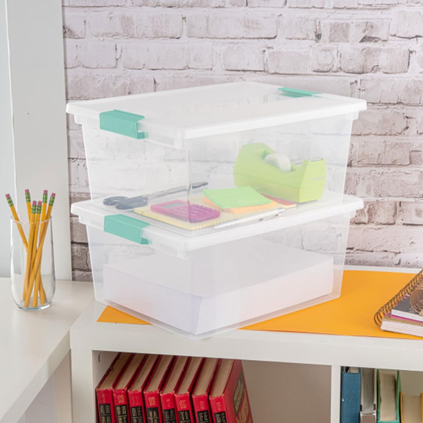 Sterilite 12-Pack Clip Box, Stackable Clear Plastic Bins with Latching Lids, Large - Writing, Arts or Crafts Supplies Storage Containers for Home, Office, Classroom and Workshop Organization