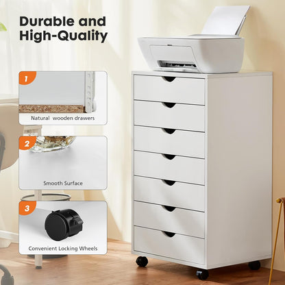 5 Drawer Mobile File Cabinet Under Desk Storage Organization with Wheels Vertical Filing Chest Rolling Wood Small Desk Printer Stand for Home Office, White