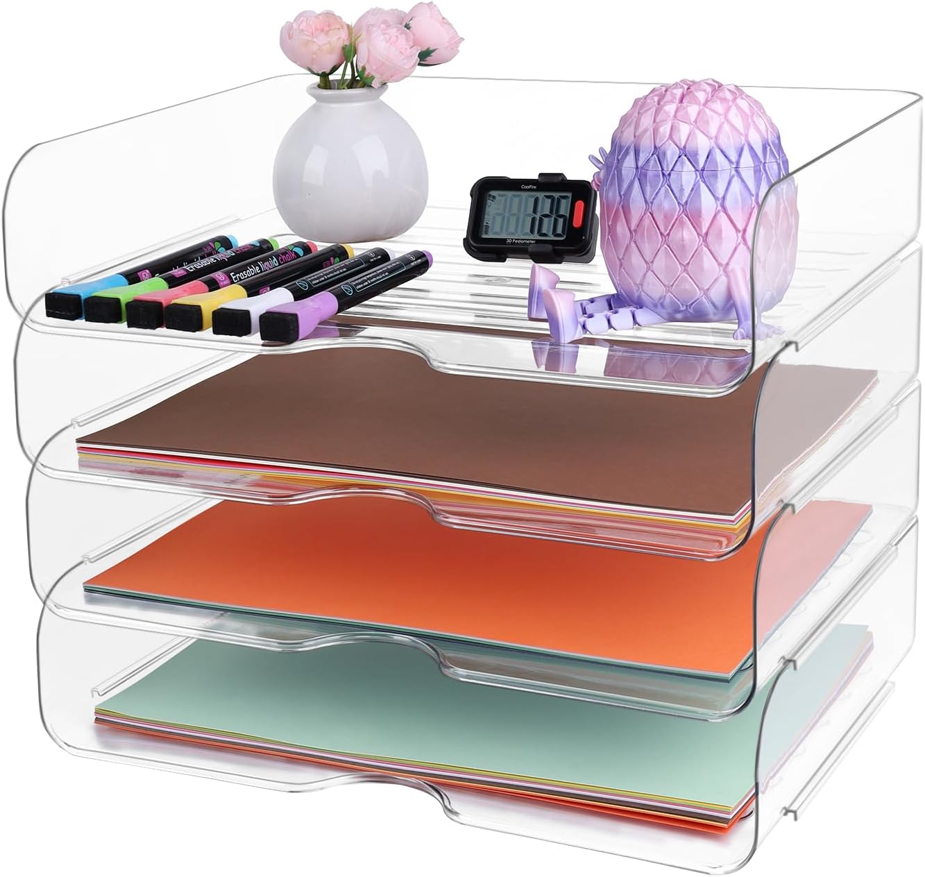4 Pack Stackable Letter Tray for Desk, Clear File Organizer for Files, iPad, Letters, A4 Office Files, Books, Notes, Vertical