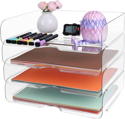 4 Pack Stackable Letter Tray for Desk, Clear File Organizer for Files, iPad, Letters, A4 Office Files, Books, Notes, Vertical