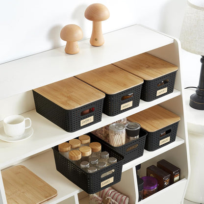 Bagnizer Small Plastic Storage Bins with Bamboo Lids 5.2qt Stackable Box Basket Pantry Decorative Containers Cute with Labels for Organizing Desktop Closet Office Cream White of 6 packs 10*7.2*4.1"