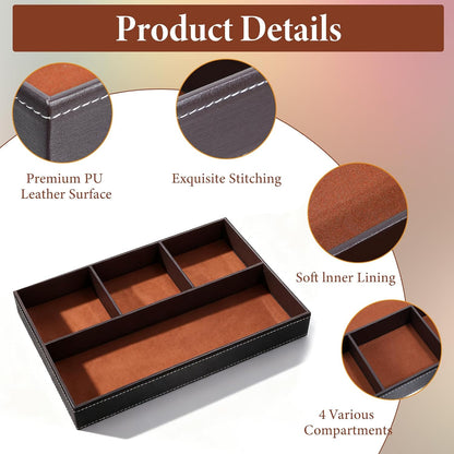 2 Pieces Faux Leather Valet Tray for Men, Stackable Jewelry Trays for Drawers, Mens Dresser Top Organizer for Key, Wallet, Sunglass, Watch, Coin, Phone, Nightstand Bedside Tray Brown