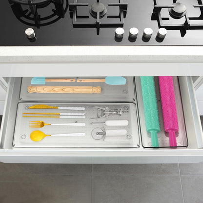 Ohlove 6 Pcs Large Clear Plastic Drawer Organizers Tray 15" x 6.3" Storage Bins with 25 Pcs Non-Slip Pads for Makeup, Jewelries, Kitchen Utensils, Bathroom and Office