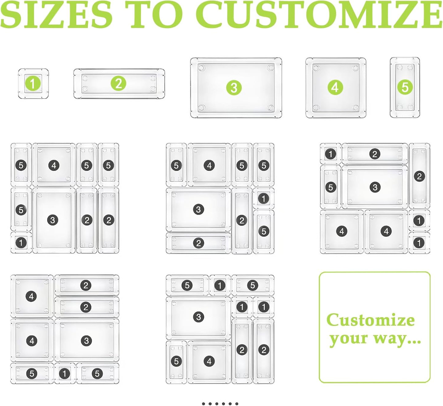 Clear Acrylic Drawer Organizer Trays, 5 Size Junk Box Organization Small Storage Container Bin for Desk Makeup Bathroom Vanity Kitchen Tool Make Up Workspace Home Dorm Apartment Office Room Nightstand