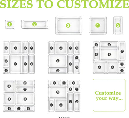 Clear Acrylic Drawer Organizer Trays, 5 Size Junk Box Organization Small Storage Container Bin for Desk Makeup Bathroom Vanity Kitchen Tool Make Up Workspace Home Dorm Apartment Office Room Nightstand