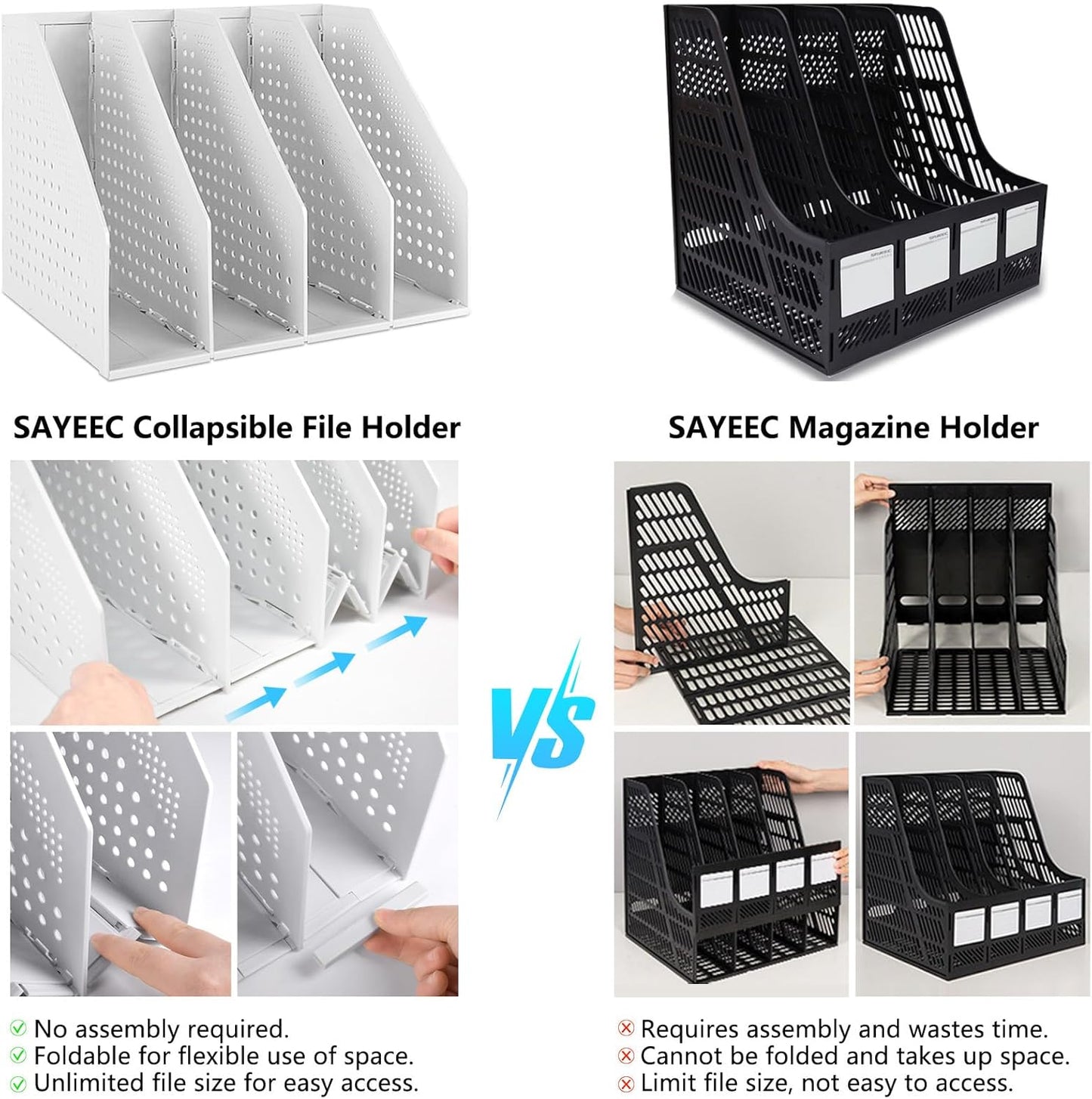 SAYEEC 2Pcs Collapsible Plastic Magazine File Holder Vertical Binder Storage Organizer for Desk Sturdy Upright Desktop Magazine Organizer Folder Rack for Office School Home (3 Compartments, Black)