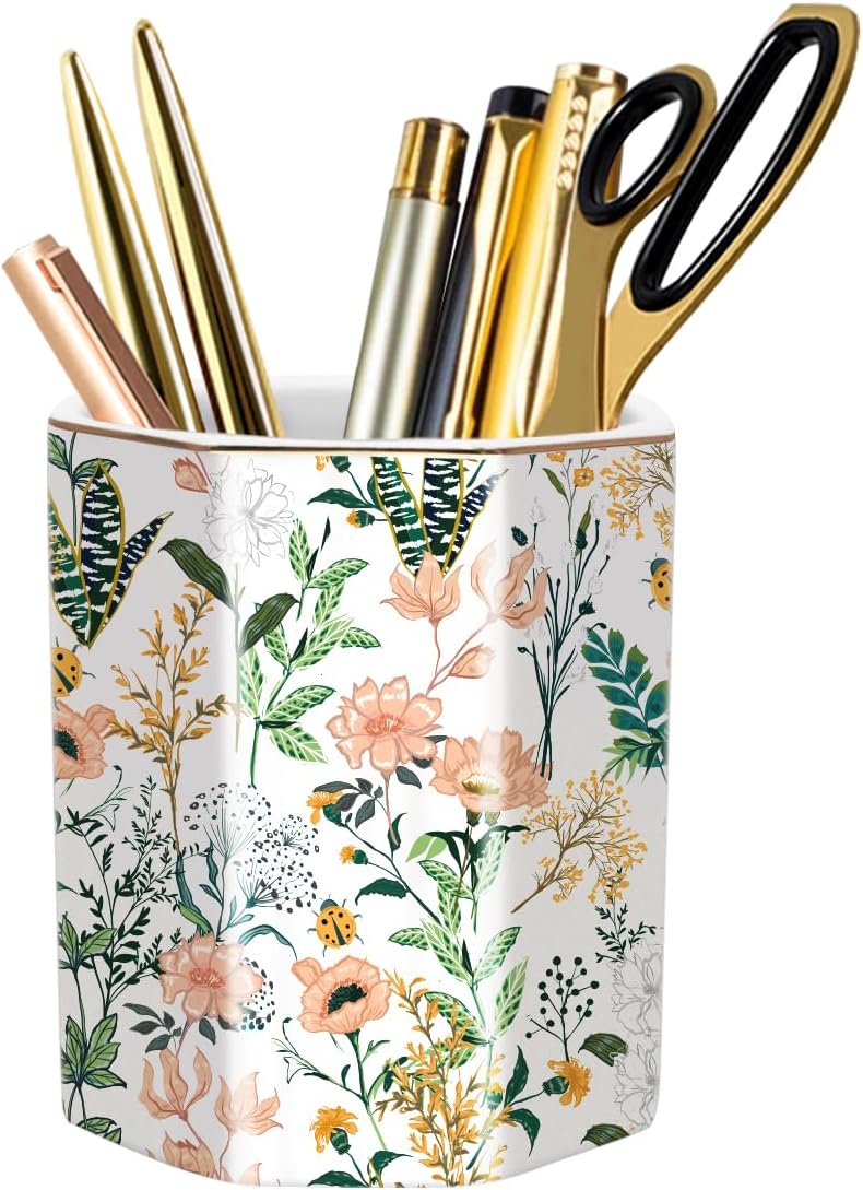 WAVEYU Ceramic Pen Holder for Desk Cute, Pencil Cup Pot Desk Organizer, Makeup Brush Holder for Women, Men, Kids, Desk Marble Decor for Office, Classroom, Home, Gray Golden