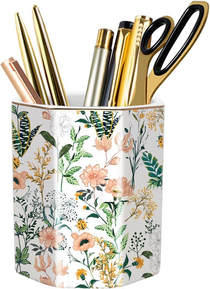 WAVEYU Ceramic Pen Holder for Desk Cute, Pencil Cup Pot Desk Organizer, Makeup Brush Holder for Women, Men, Kids, Desk Marble Decor for Office, Classroom, Home, Gray Golden