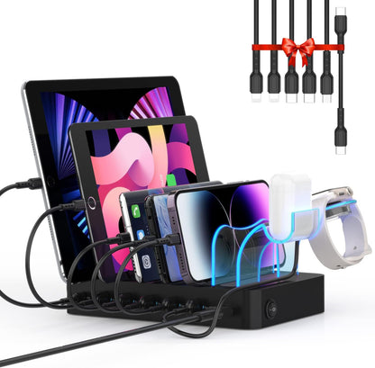 SooPii 60W 6-Port PD Charging Station for Multiple Devices, 20W PD USB C Fast Charging for lPhone 14/13/12,6 Short Cables Included, 2 in 1 Holder,for Phones,Tablets and Others…
