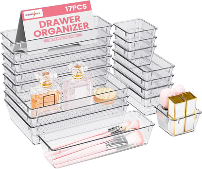 HOUSE DAY Makeup Drawer Organizer Trays 24 PCS, 4-Size Clear Drawer Organizers with Silicone Pads, Vanity Organizers and Storage, Non Slip Plastic Drawer Organizer for Desk, Bathroom, Kitchen, Office